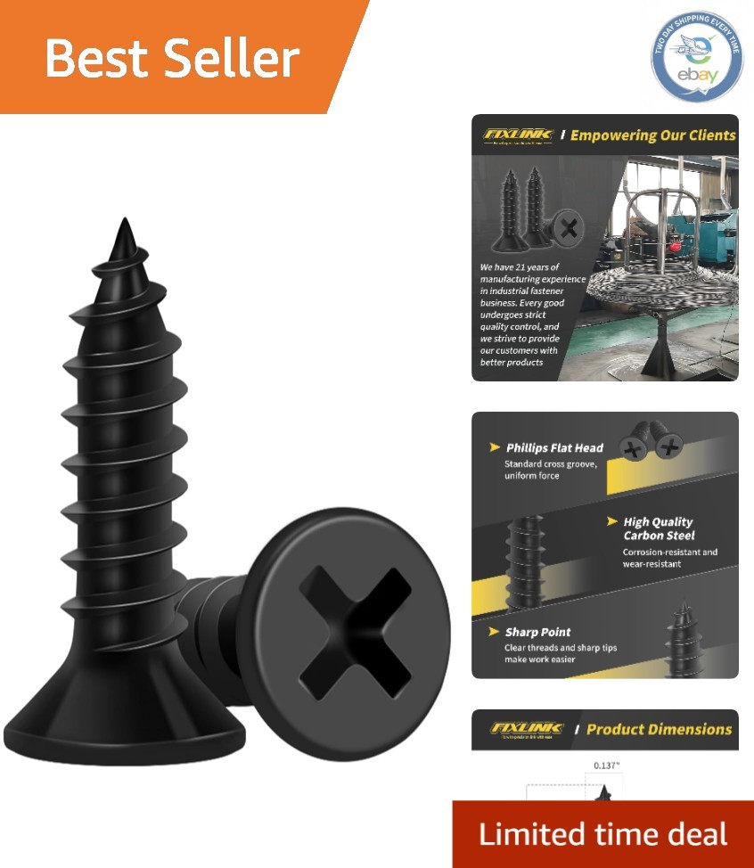 Precision 100 PCS 5/8″ Black Screws – Flat Head Phillips for Easy Installation