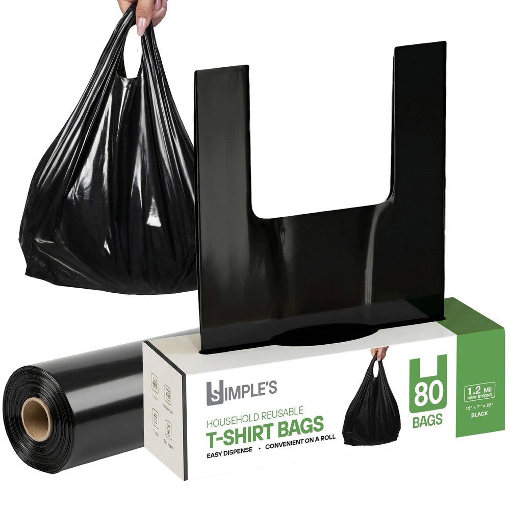 Black Plastic T-Shirt Bags with Handles – 80 Count – 12″x7″x22″ – 1.2 Mil – G…