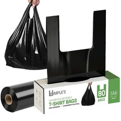 Black Plastic T-Shirt Bags with Handles – 80 Count – 12″x7″x22″ – 1.2 Mil – G…