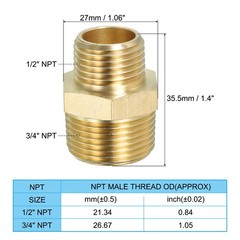 Brass Hex Nipple Pipe Fitting, 2 Pack 3/4″ NPT x 1/2″ NPT Male Couplings