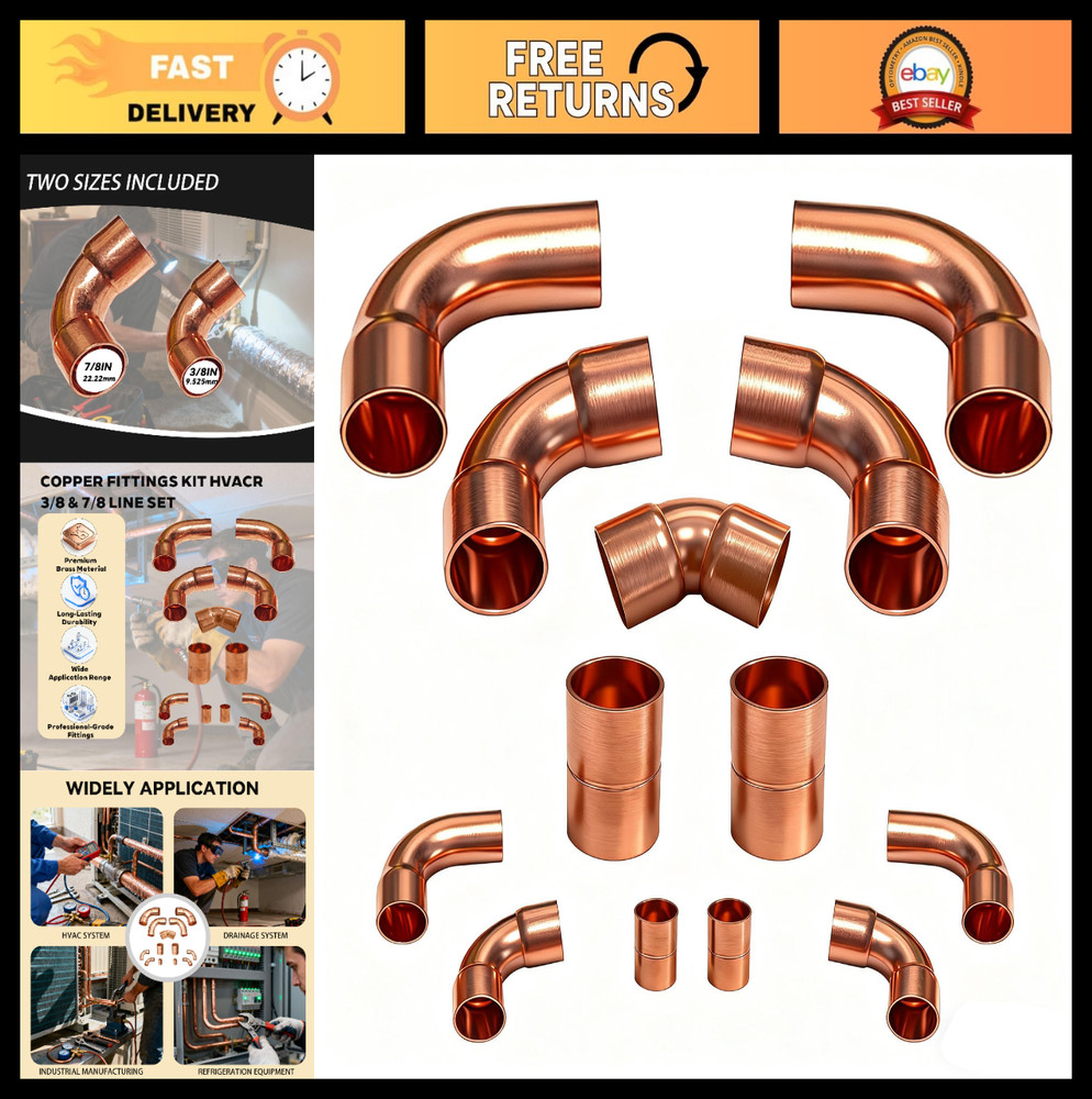 HVAC Copper Fittings Kit – 3/8″ & 7/8″ Couplings, Elbows for AC Refrigeration Li