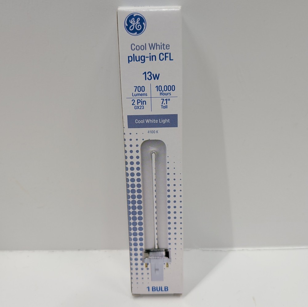 GE CFL Light Bulb 13W Cool White 700 Lumens GX23 2‑Pin Plug‑In 7.1″ 1‑Pack New