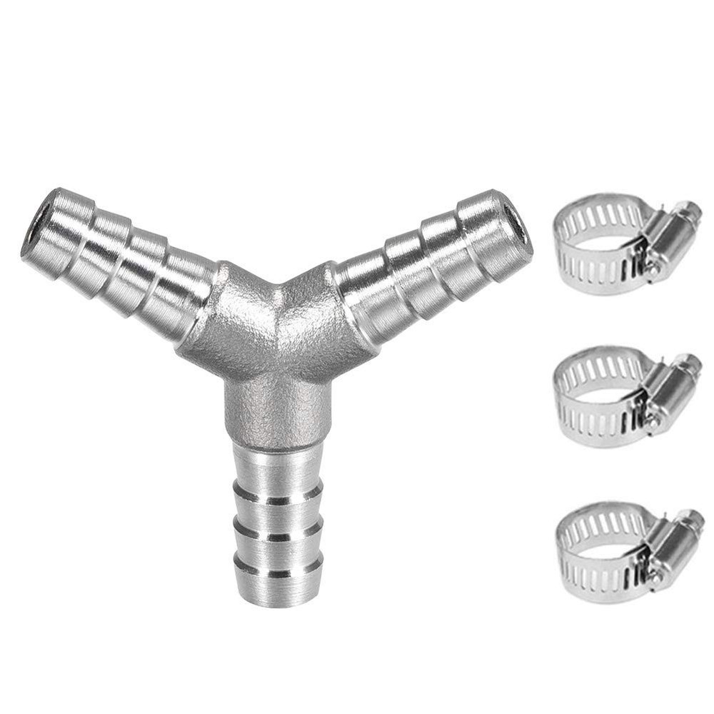 Stainless Steel 5/16″ Hose Barb Y Fitting 3 Way Wye Adapter with 3pcs Clamps 304