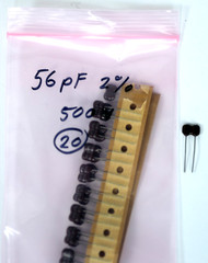 Qty 20: 56pF 2% 500V dipped silver mica radial lead capacitors