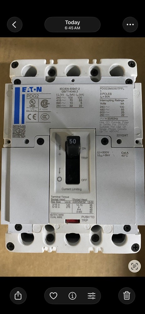 Eaton / Cutler-Hammer PDG23M0050TFFL – 50A 3 Pole Molded Case Circuit Breaker