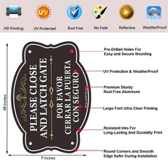 Please Close Latch Gate Bilingual Signs 10×7 Inch English Spanish 2 Pack
