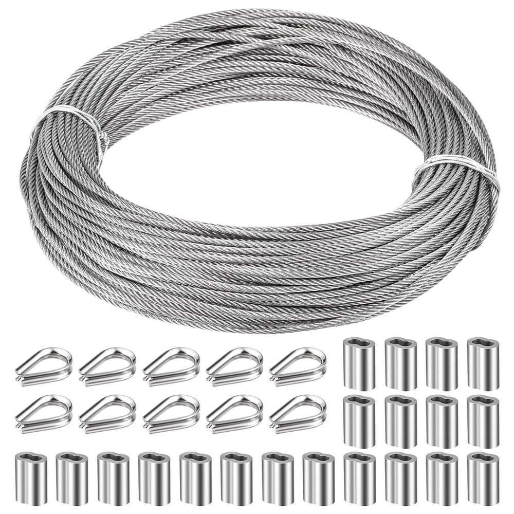 1/8″ Stainless Steel Cable 100ft Wire Rope Metal Cable with Loop Sleeve and S…