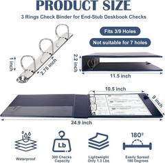 3-Ring Check Binder 1″ D-Ring 9″ X 11.25″ Checkbook Holder for 300 Checks
