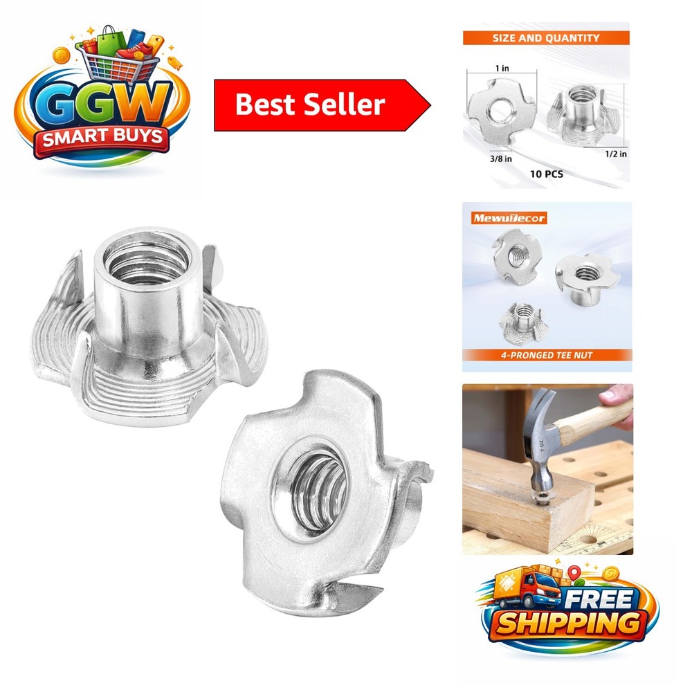 4-Pronged 3/8″-16 Stainless Steel T-Nuts – Set of 10 for Wood & Climbing Holds