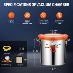 5 Gallon Vacuum Chamber with Tempered Glass Lid,304 Stainless Steel