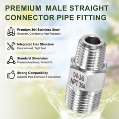 4-Pack 304 Stainless Steel 3/8″ NPT Male x 1/4″ NPT Male Hex Nipple Pipe Fitting