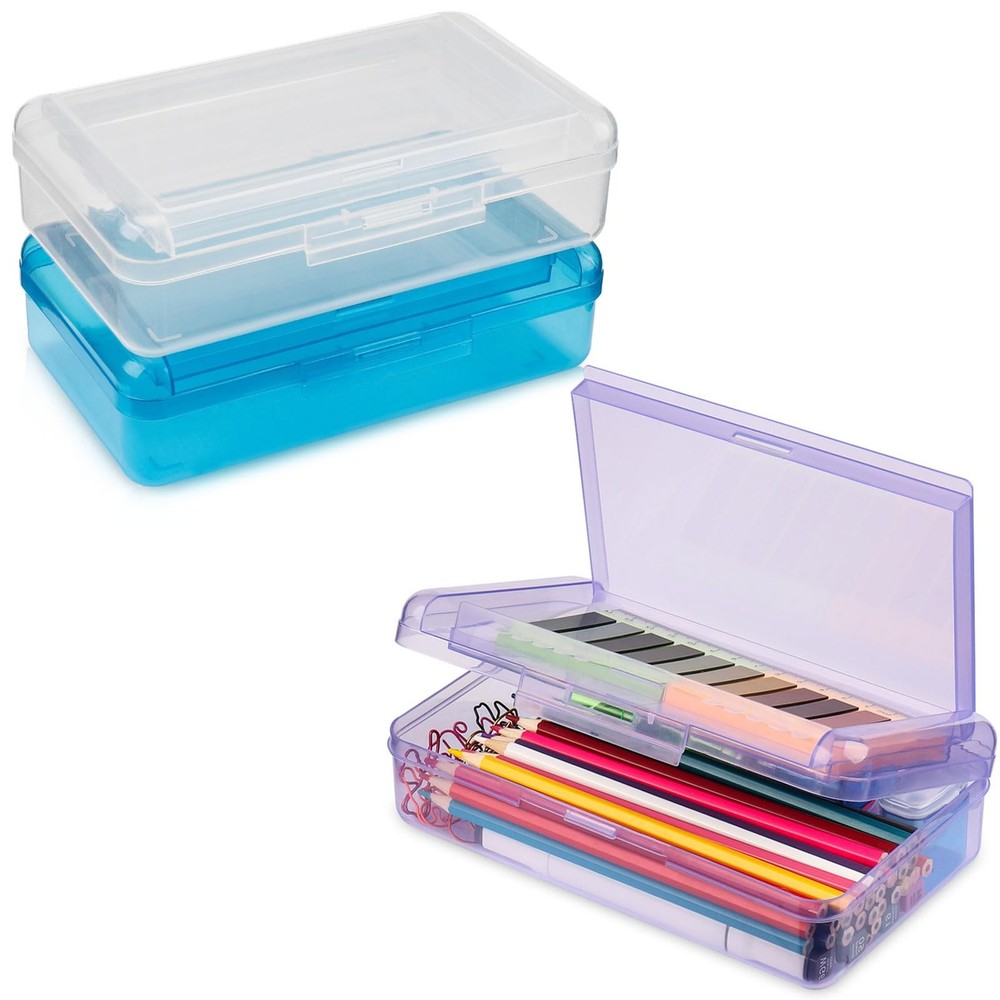 Meiikun Pencil Box, Large Capacity 3 Pack, 3 Pack Blue,Clear,Purple