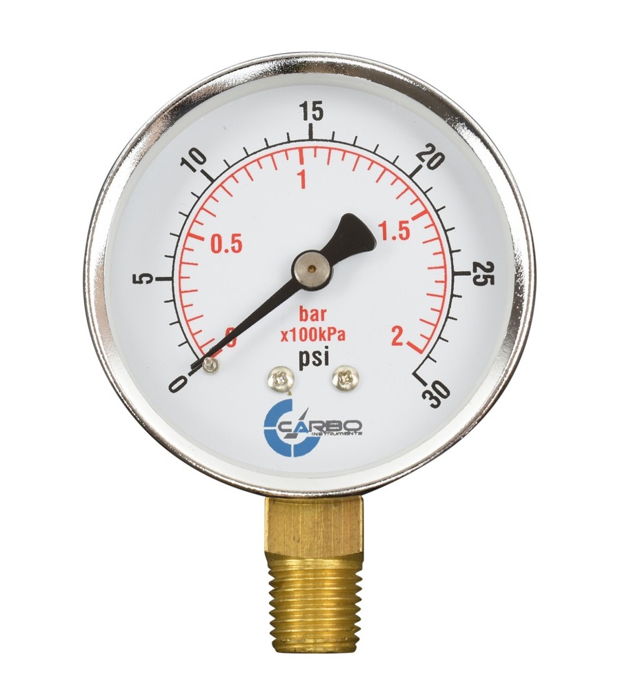 2-1/2″ Pressure Gauge – Chrome Plated Steel Case, 1/4″NPT, Lower Mnt. 30 PSI