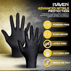 Raven 66518 Safety Powder Free Examination Black Nitrile Gloves – 7 Mil Large