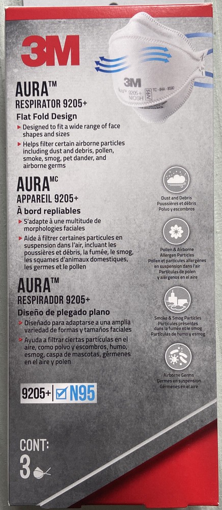 3M Aura Respirator 9205+ N95 3-pack Sealed Masks Exp. 03/2027