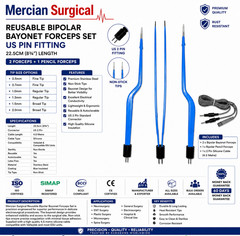 2PCS Bayonet Bipolar Forceps Set w/ 2 Cables US 2 Pin Non-Stick 22.5cm 0.5-2.0mm