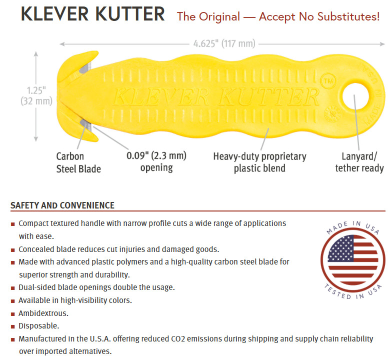 Klever Kcj-1Y-100 Klever Kutter Safety Cutter, Fixed Blade, Safety Recessed,