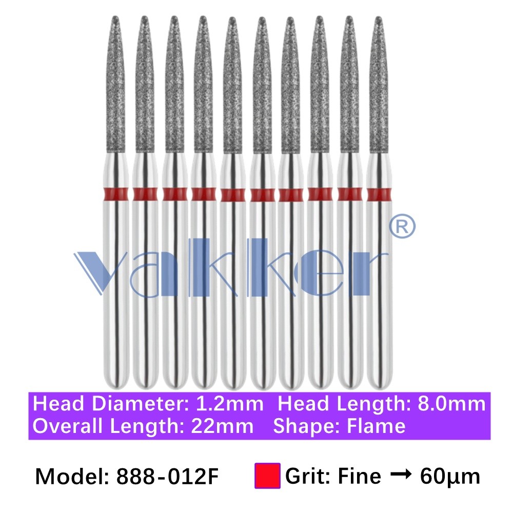 Vakker 10pc Dental 888-012F Fine Grit FG Diamond Burs Friction Grip Flame Shape