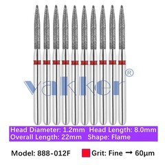 Vakker 10pc Dental 888-012F Fine Grit FG Diamond Burs Friction Grip Flame Shape