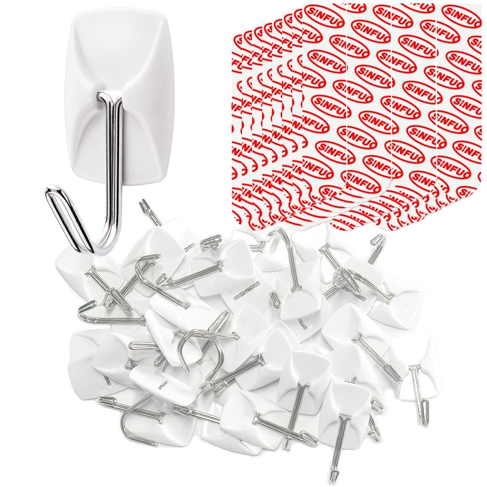 Sinfuo Wire Hooks for Wall Small 32 Hooks + 36 Stirps, Damage Free Utility Ho…