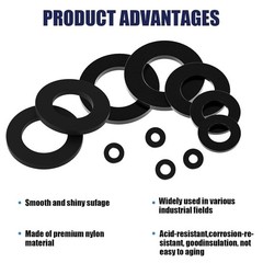 900-Piece Nylon Flat Washer Assortment Kit Black Plastic Flat Washers for Bolts