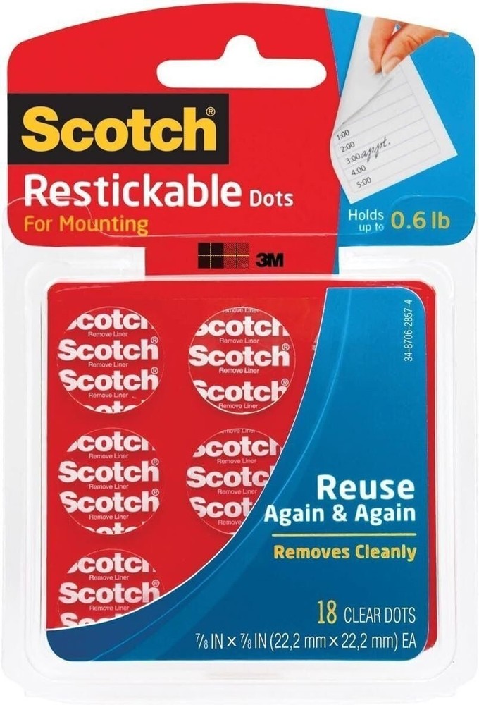 Scotch Restickable Dots, Clear,78-in x 78-in,18-Dots (R105)