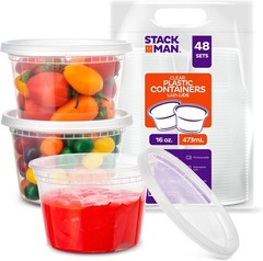 Stack Man Deli Containers with Lids [48 Sets – 16 16 oz. – [48-Pack], Clear