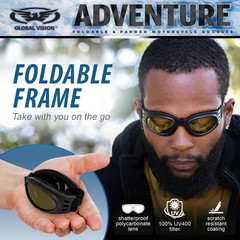 Global Vision Adventure Folding Motorcycle Goggles Black Frames with Yellow Lens