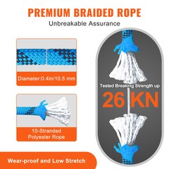 VEVOR 10.5 mm Static Climbing Rope 9.7M(32ft) Outdoor Rock Climbing Rope Blue