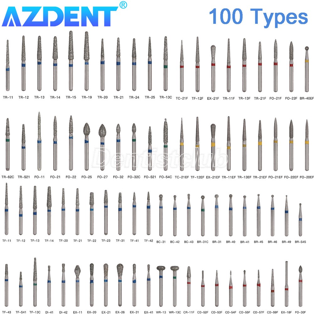 100pcs AZDENT Dental Diamond Burs FG Burs for High Speed Handpiece Friction Grip