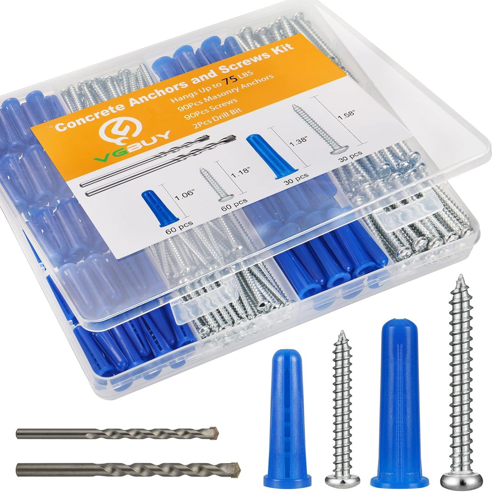 180PCS Conical Concrete Anchors and Screws Assortment Kit, 90PCS Concrete Wall A