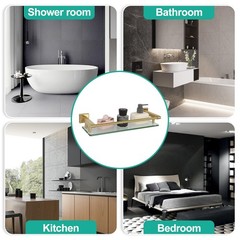 16 Inch Brusheld Gold Bathroom Glass Shelves with Stainless Steel Railing, Te…