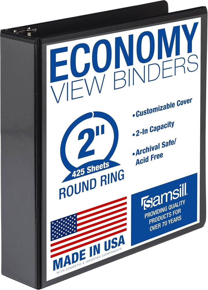 2 Inch Economy Ring Binder Clear View Cover Black 425 Sheet Capacity Samsill