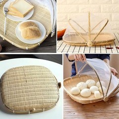 Hand Woven Bamboo Serving Basket with Removable Gauze Food Cover Lightweight