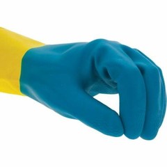 (12 PAIR) CHEMICAL RESISTANT GLOVES BLUE NEOPRENE OVER YELLOW LATEX WORK GLOVES
