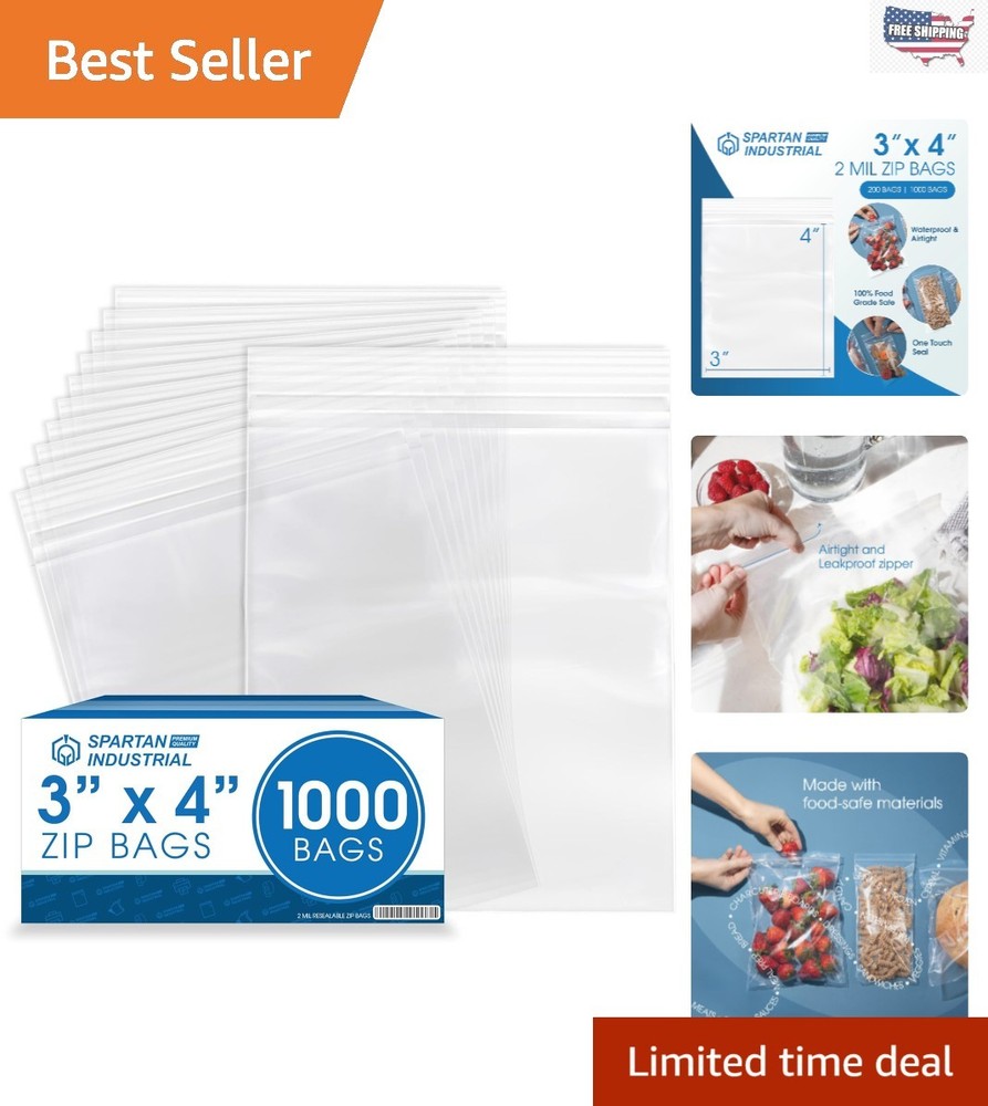 Heavy-Duty 3″ x 4″ Clear Zip Bags – 1000 Pack, Water-Resistant Storage Solutions