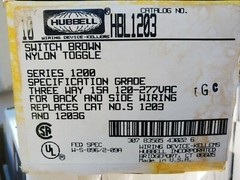 Hubbell HBL1203, Switch, 3 Way, Extra HD, 15A 120/277V AC, Brown Toggle, Industr