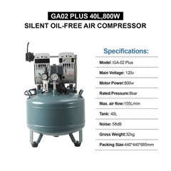 40L Portátil Compresor de aire silencioso médico dental libre de aceite 800W