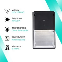 LED Mini Wall Pack with Photocell Watt & Color Selectable (30/20/15W-30/40/50K)