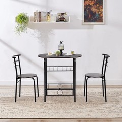 3 Piece Dining Set Round Table and Chairs Metal Frame Shelf Storage Brown