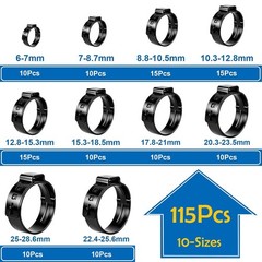 115Pcs 304 Stainless Steel Black Single Ear Hose Clamps with Ear Clamp Plier 6-2