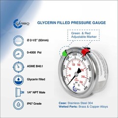 2-1/2″ Pressure Gauge, Stainless Steel Case, Liquid Filled, Back Mnt 4000 PSI