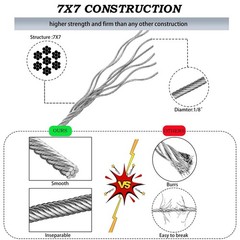 1/8 Inch Stainless Steel Cable 100FT – 7×7 Strand Aircraft Wire Rope with Loo…