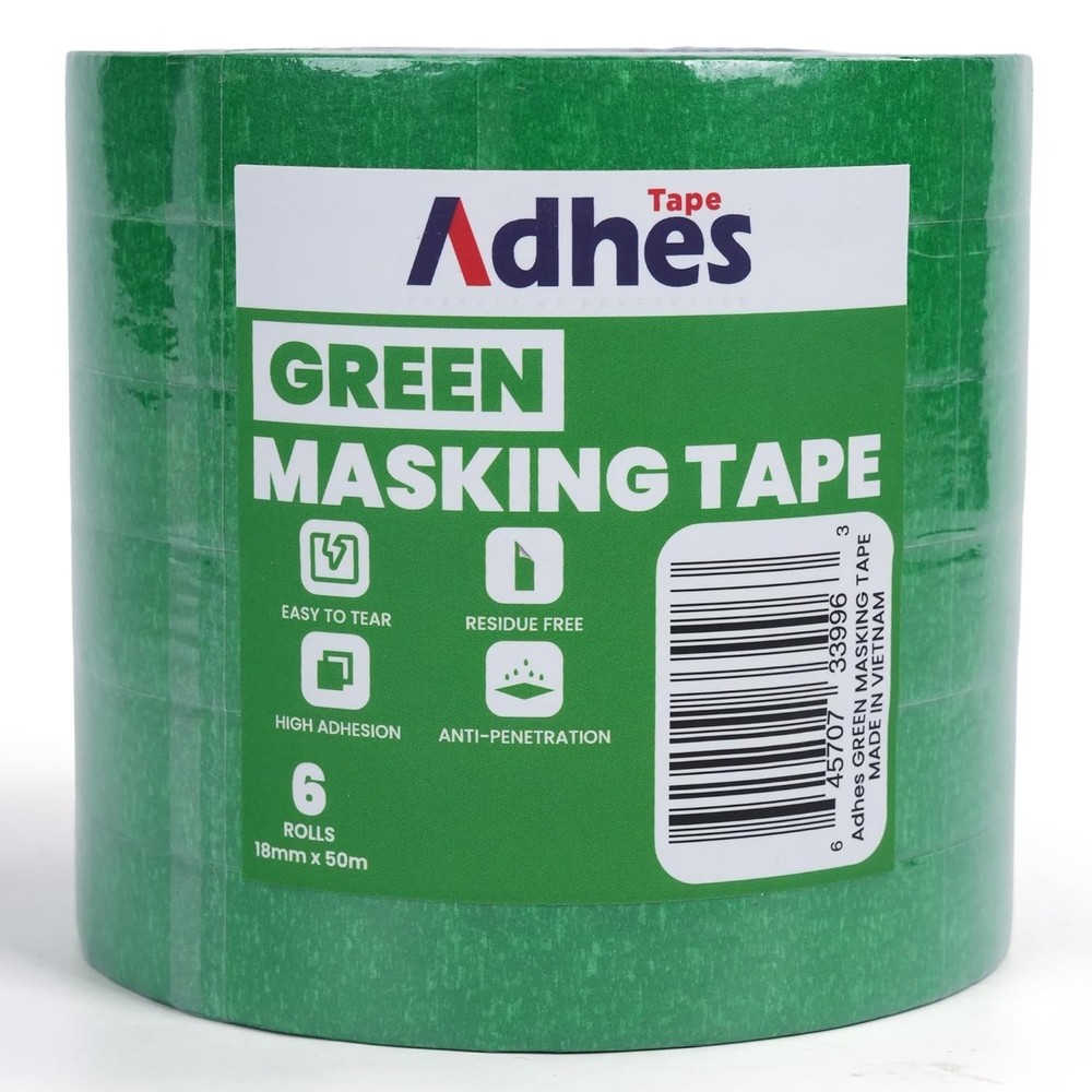 Green Masking Tape 6 Rolls Clean Removal Ideal for Painting Automotive and DIY