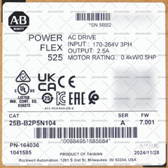 New Allen Bradley 25B-B2P5N104 PowerFlex 525 0.4kW (0.5Hp) AC Drive No Filter