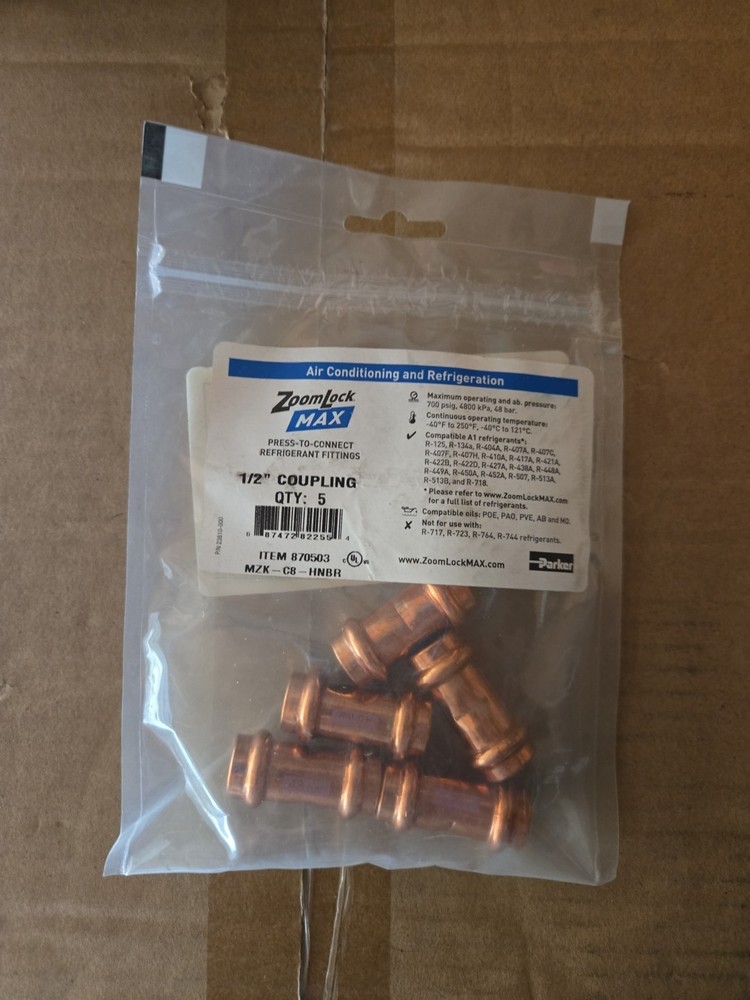 ZoomLock Max Pack of 5 MZK-C8-HNBR 1/2″ Coupling Fitting 870503 New Copper