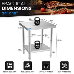 Stainless Steel Table for Prep & Work with Undershelf 18 x 24 Inches NSF Metal