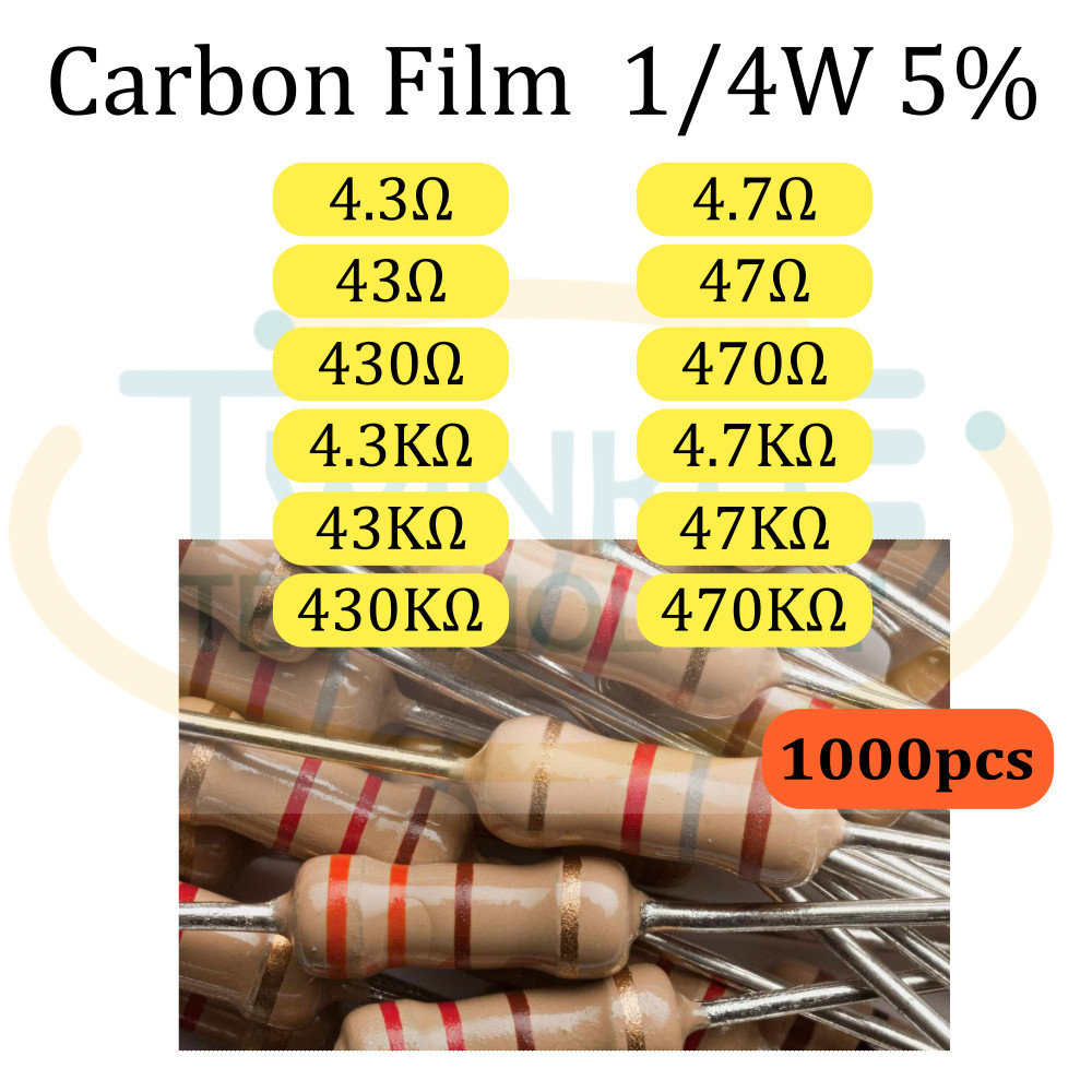1000Pcs 1/4W 0.25W 4.3Ω 4.7Ω 43Ω 47Ω 4.3KΩ 430KΩ 470KΩ Carbon Film Resistor ±5%