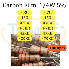 1000Pcs 1/4W 0.25W 4.3Ω 4.7Ω 43Ω 47Ω 4.3KΩ 430KΩ 470KΩ Carbon Film Resistor ±5%