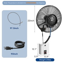 20″ Wall Mount Misting Fan, 4-Speeds Industrial Oscillating Fan w/6L Water Tank